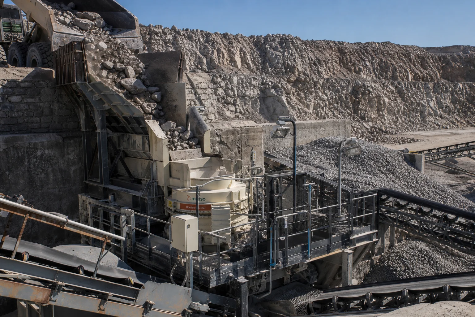 Primary jaw and cone crushing plant operating at open-pit aggregate quarry