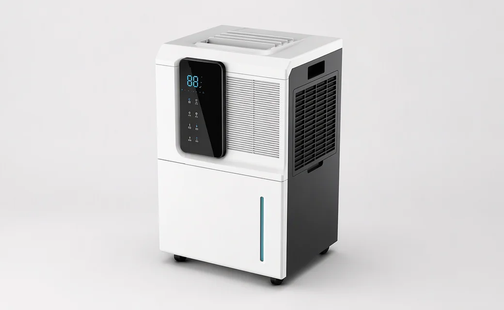 White dehumidifier with large black touch display, louver front and charcoal side panel