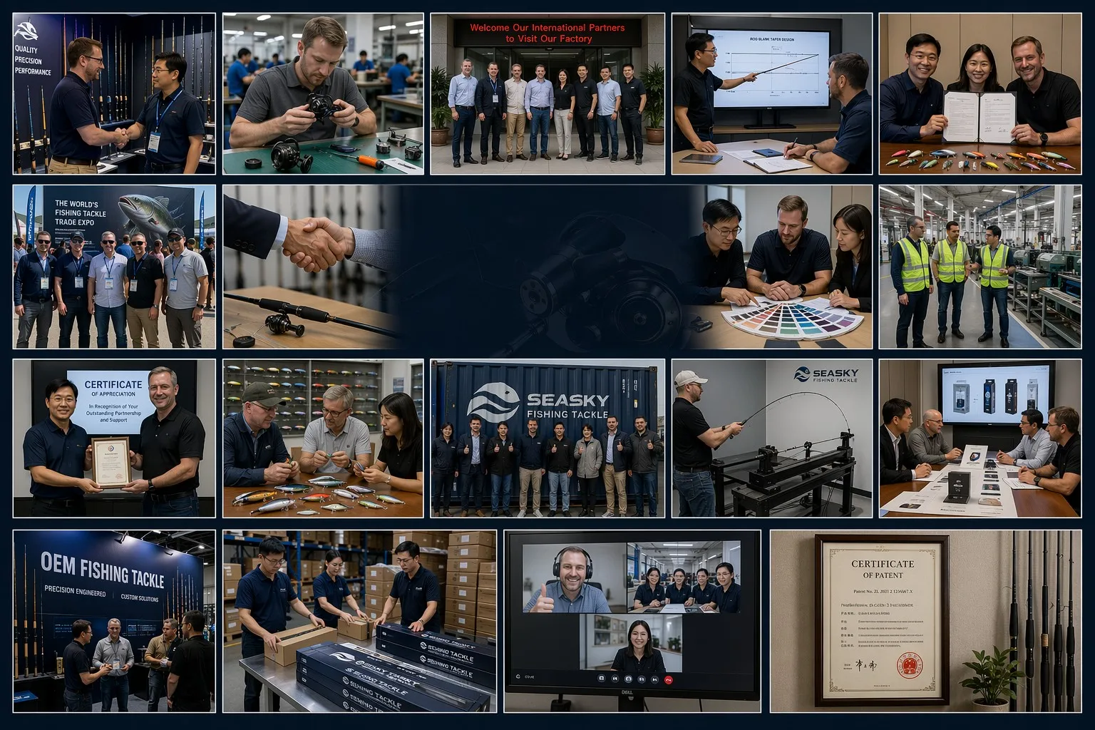 Wonderful Fishing client collaboration history — trade shows, factory visits, production line photos
