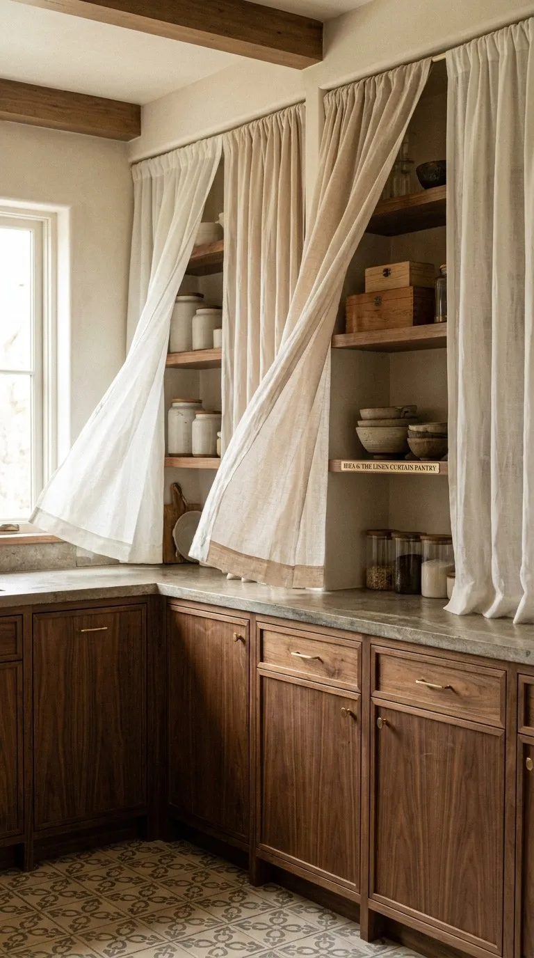 Linen curtains replacing upper kitchen cabinets
