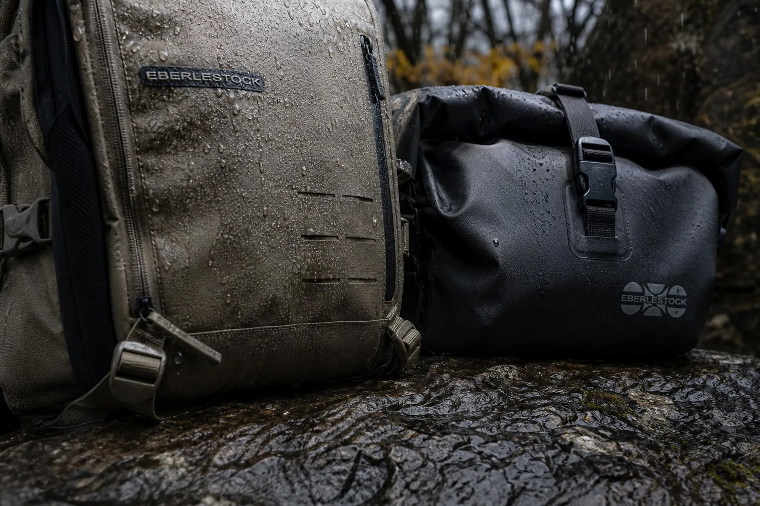 info-1-1 Water droplets beading off a DWR-treated 500D Cordura panel while a roll-top waterproof pack stays sealed in rain