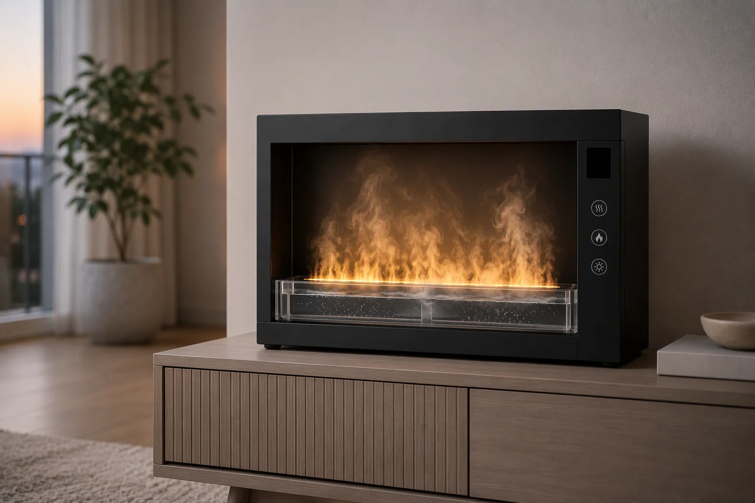 Mist fireplace on a media cabinet in a bright modern living room at dusk