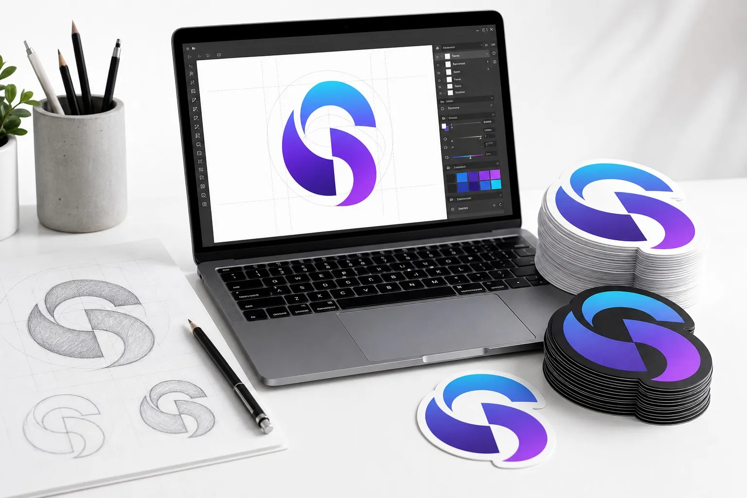 Logo sticker design process from sketch to finished sticker