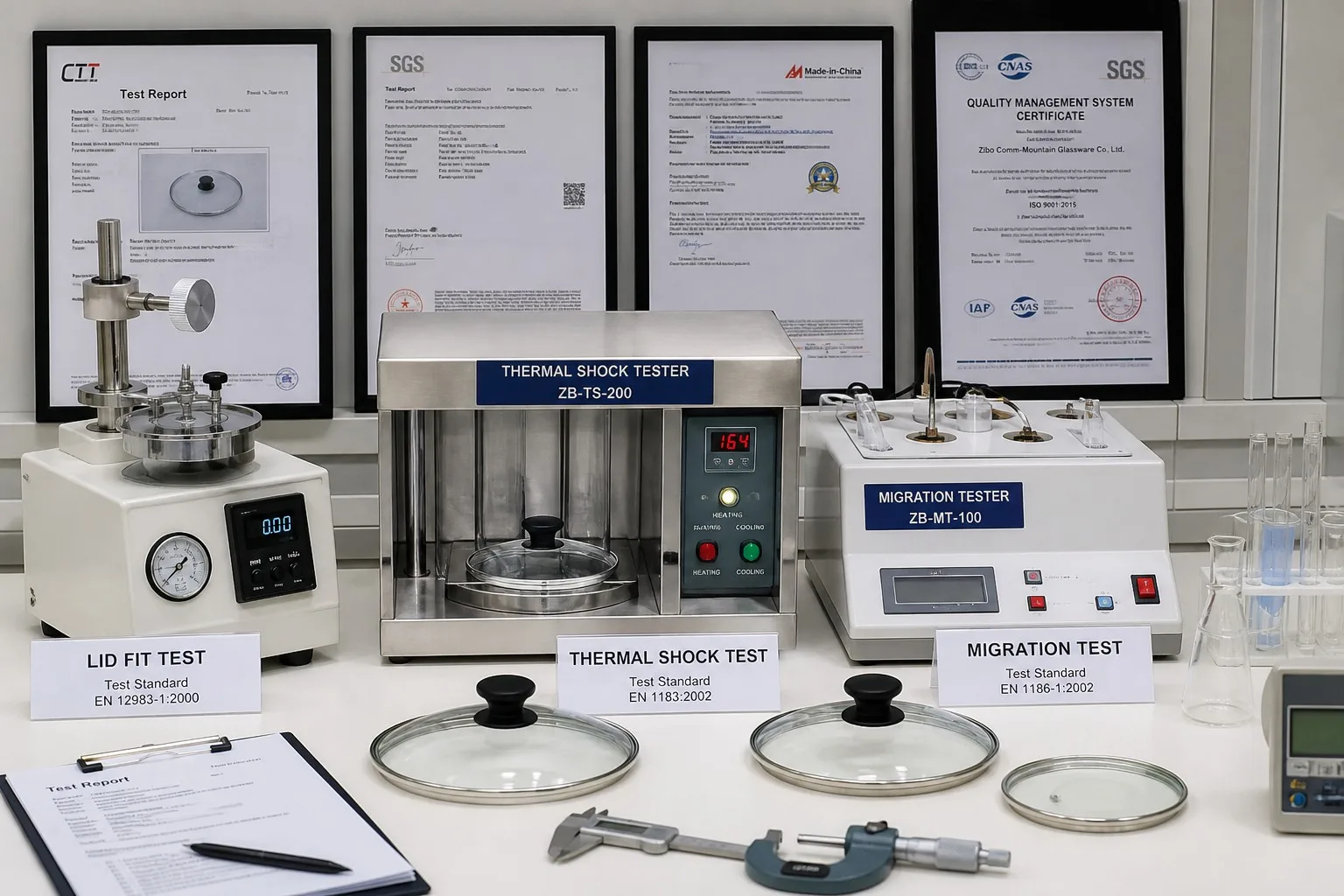 Quality control laboratory for FDA LFGB certified tempered glass cookware lids with precision testing instruments