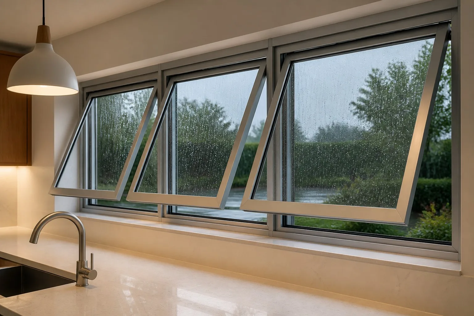 Modern kitchen with aluminum glass awning windows open outward in light rain, interior bright and dry
