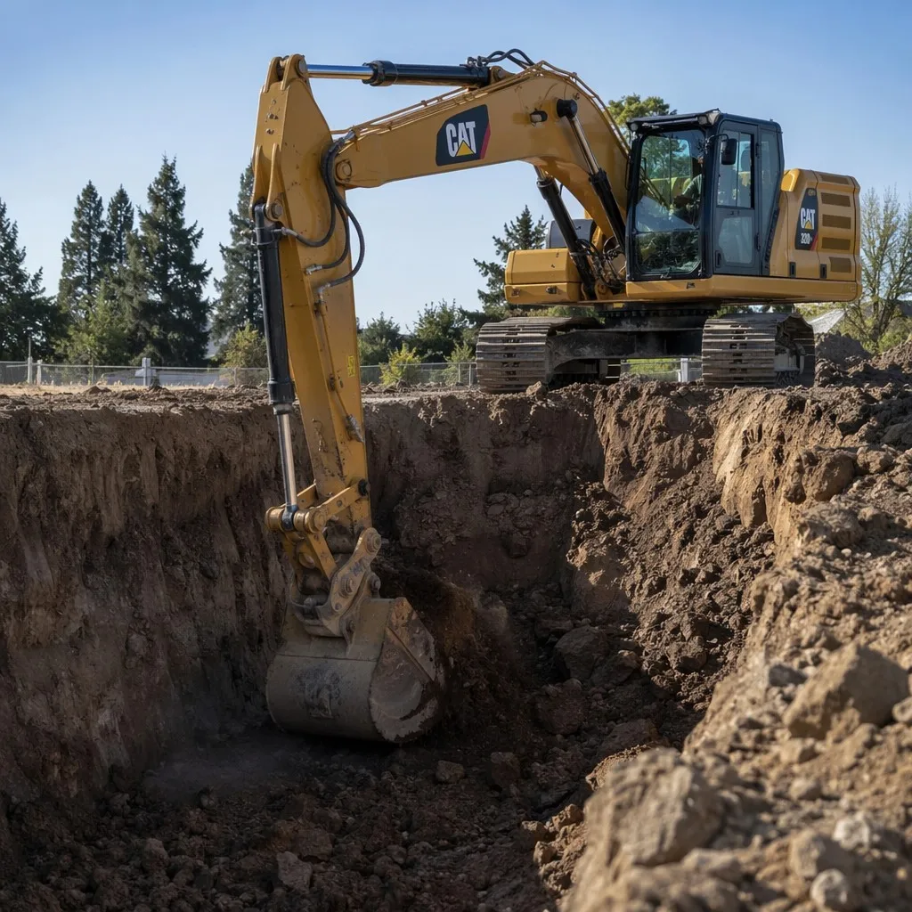 Used CAT 320 excavator working on a high-production construction site