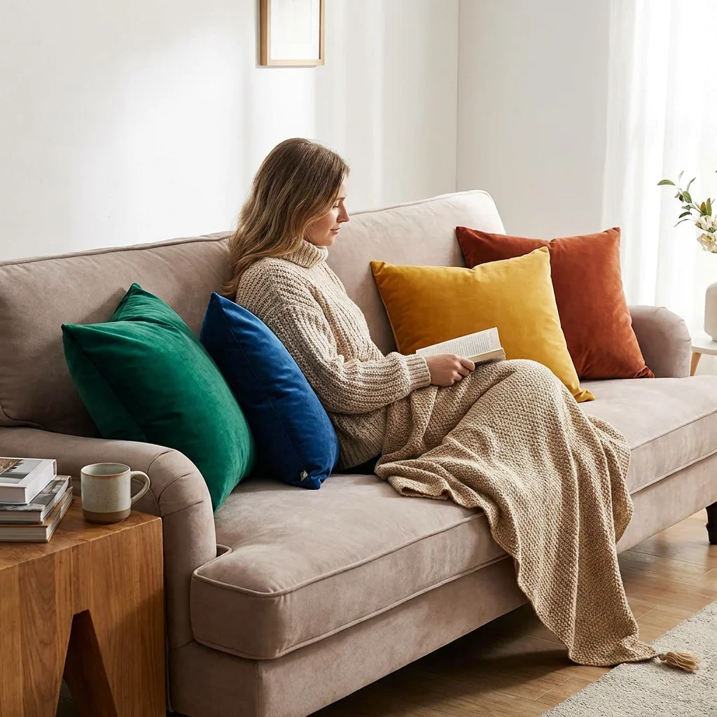 Moment de détente sur un canapé confortable orné de coussins décoratifs en velours