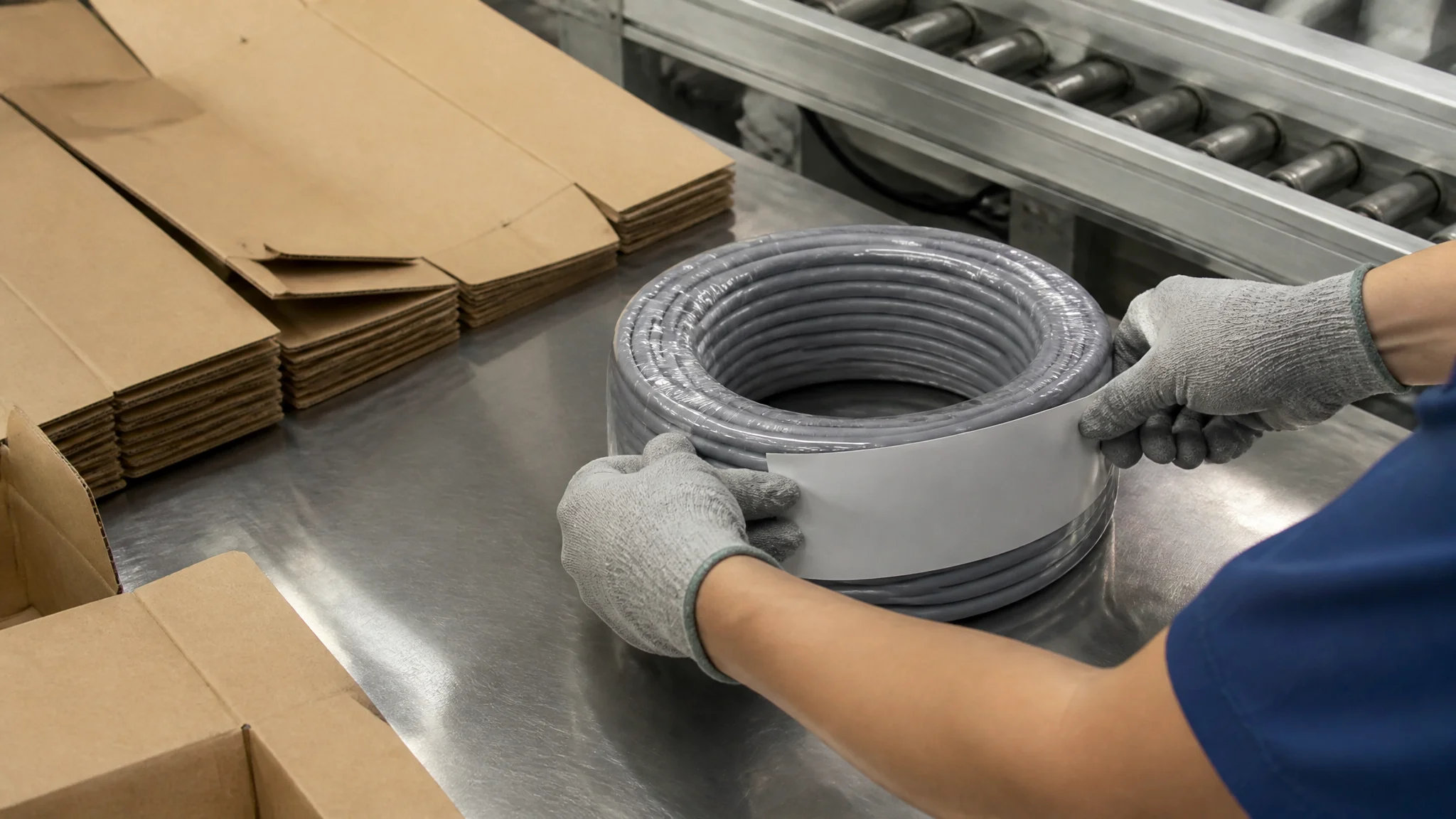Worker applying a blank label to a coil of ethernet cable in a factory