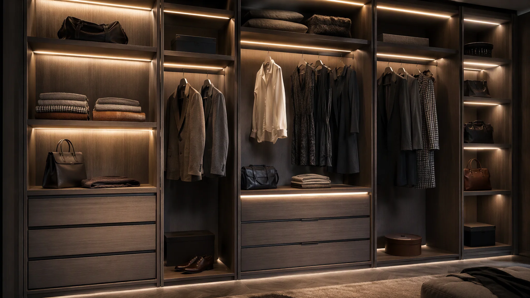 Wardrobe compartments with COB LED strips fitted to different shelf lengths