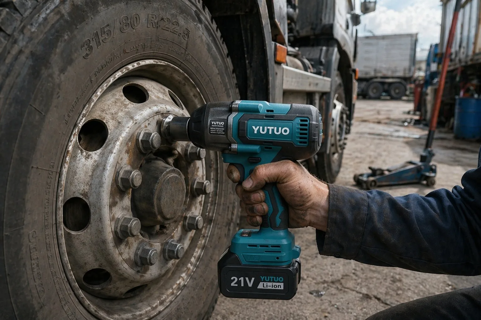 Heavy-Duty Torque Tier for Truck Service Heavy-duty cordless impact wrench used on a large truck wheel at a maintenance yard