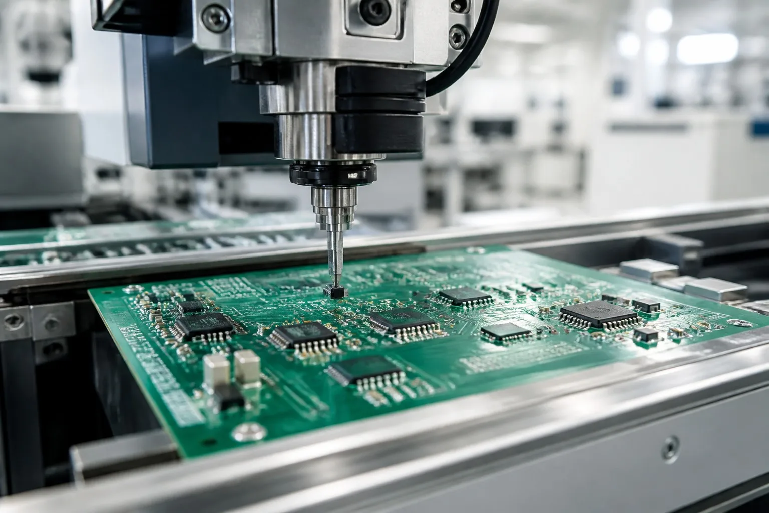 Pick-and-place head mounting a component onto a green PCBA