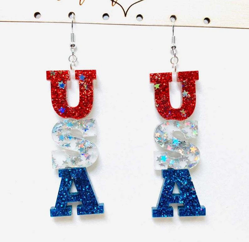 

Patriotic American Sequin Multicolor Acrylic Earrings Letter USA Earrings for Women, As pictures