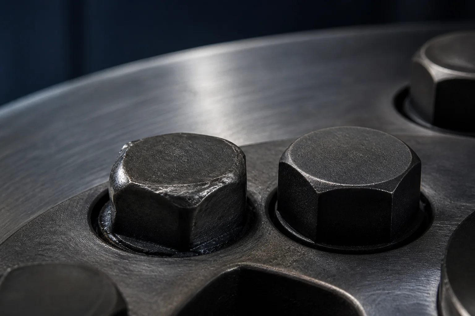 Macro view of a heavy hex bolt head with deformed corners beside an intact bolt on a flange face