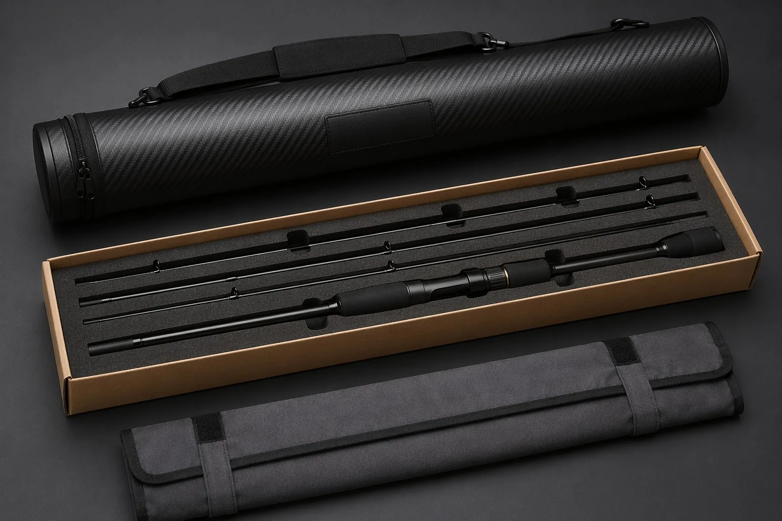 Fishing rod packaging options — tube case, box, sleeve