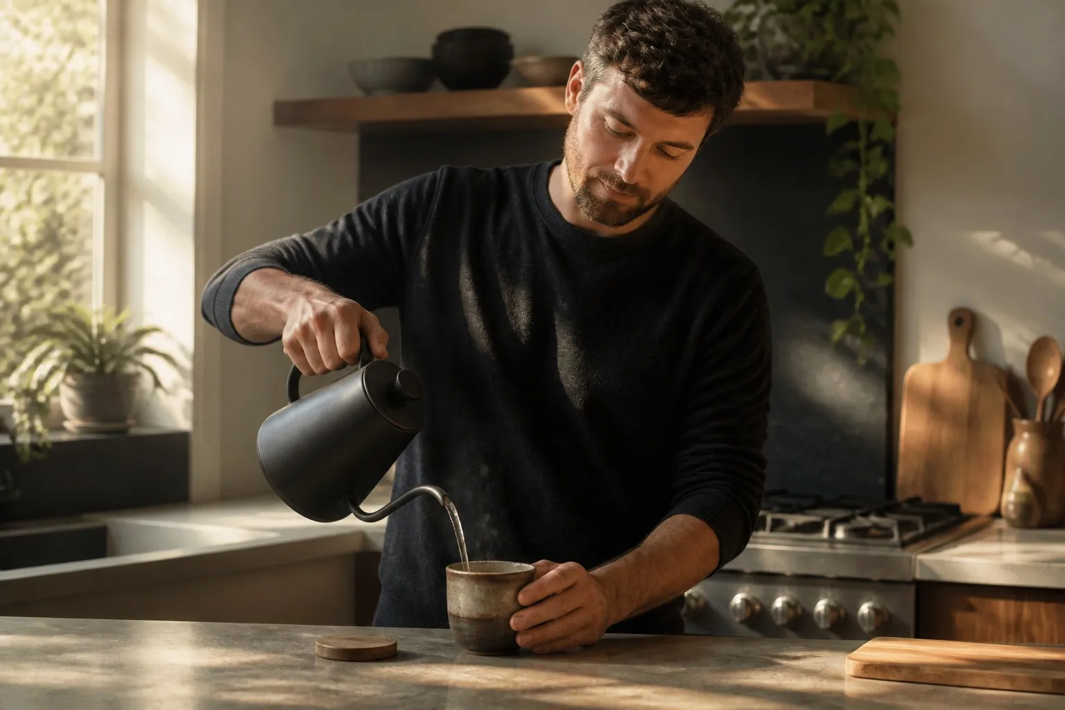 A Man Preparing Morning Herbal Tea Ritual Calmly as Coffee Alternative A Man Preparing Morning Herbal Tea Ritual Calmly as Coffee Alternative