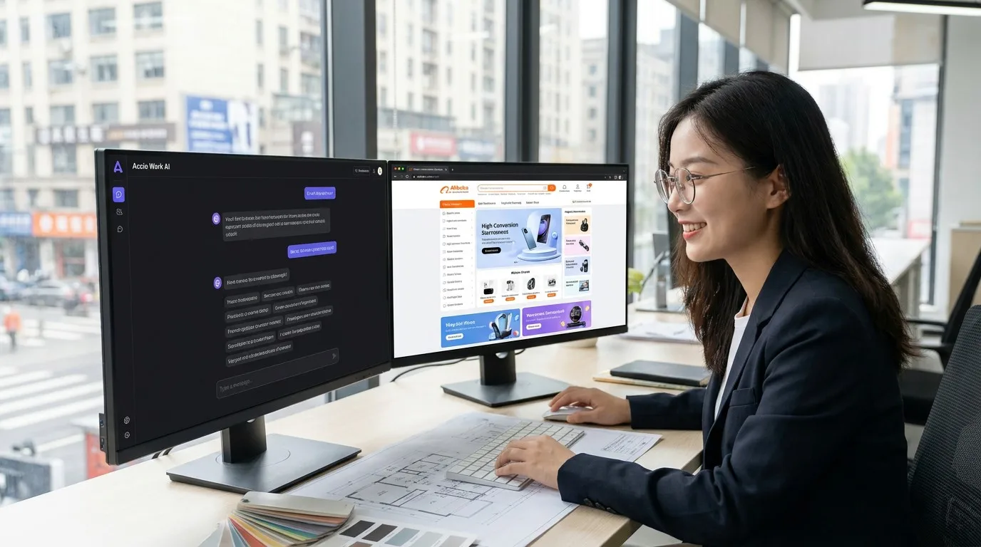 温州外贸经理利用 Accio Work AI 助手进行店铺首页设计，界面直观现代