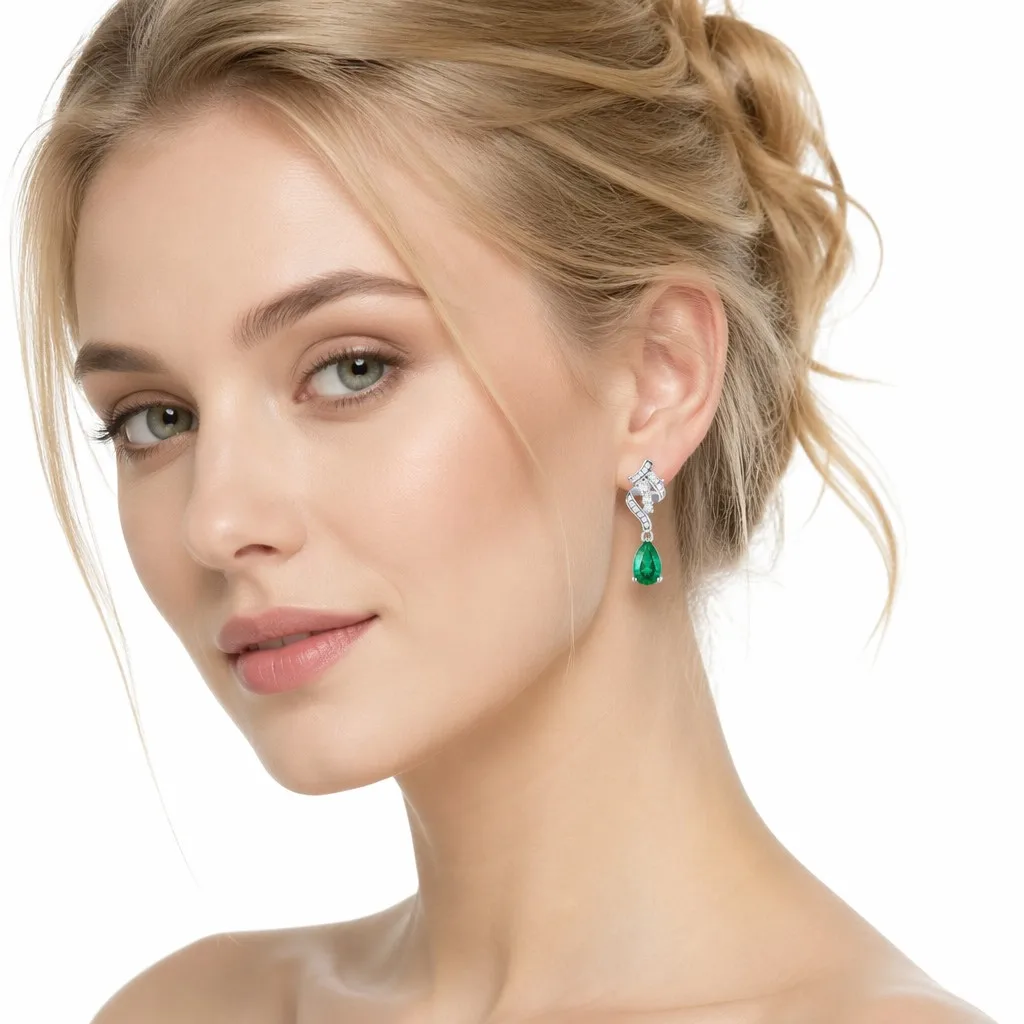Pear Cut Green Drop Earrings Rhodium Plated Cultivating Emeralds 925 Sterling Silver Claw Setting Forever Star Third Party