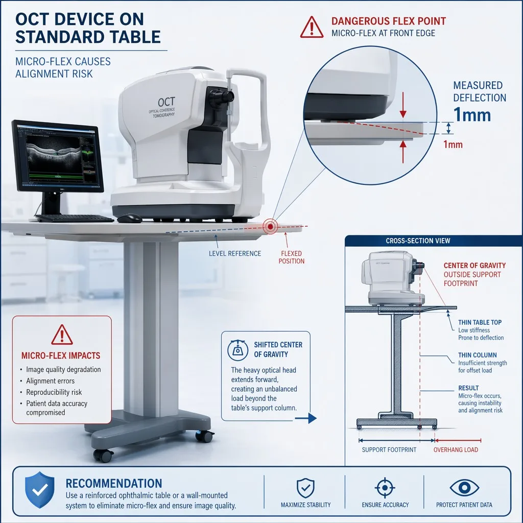 Technical illustration showing OCT table micro-flex from heavy optical head center of gravity shift