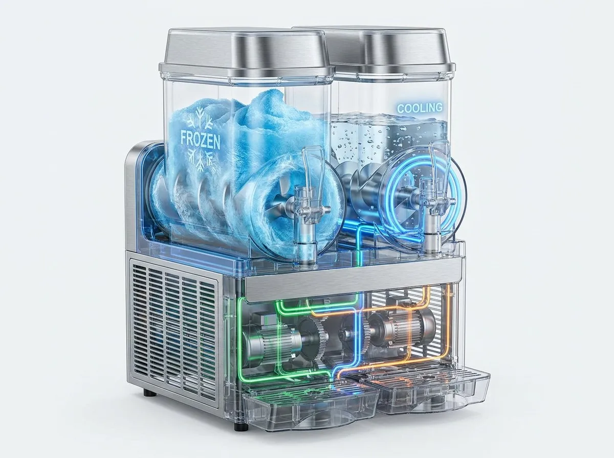 Technical diagram of dual-tank commercial slush machine cooling system