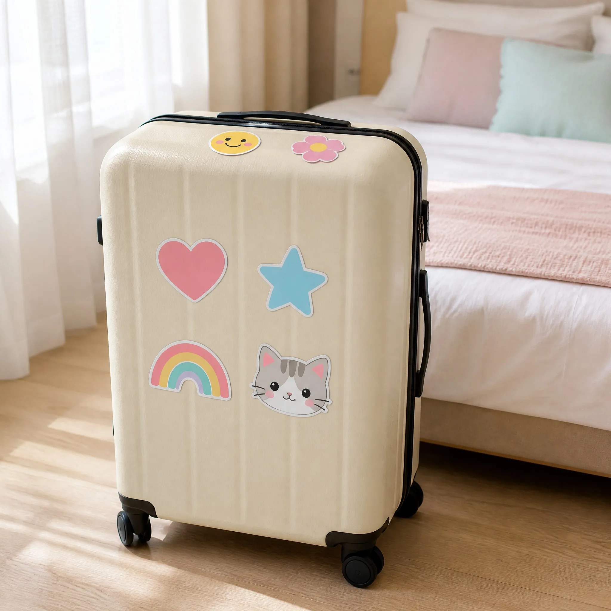 Stickers applied on a suitcase in a bright hotel room
