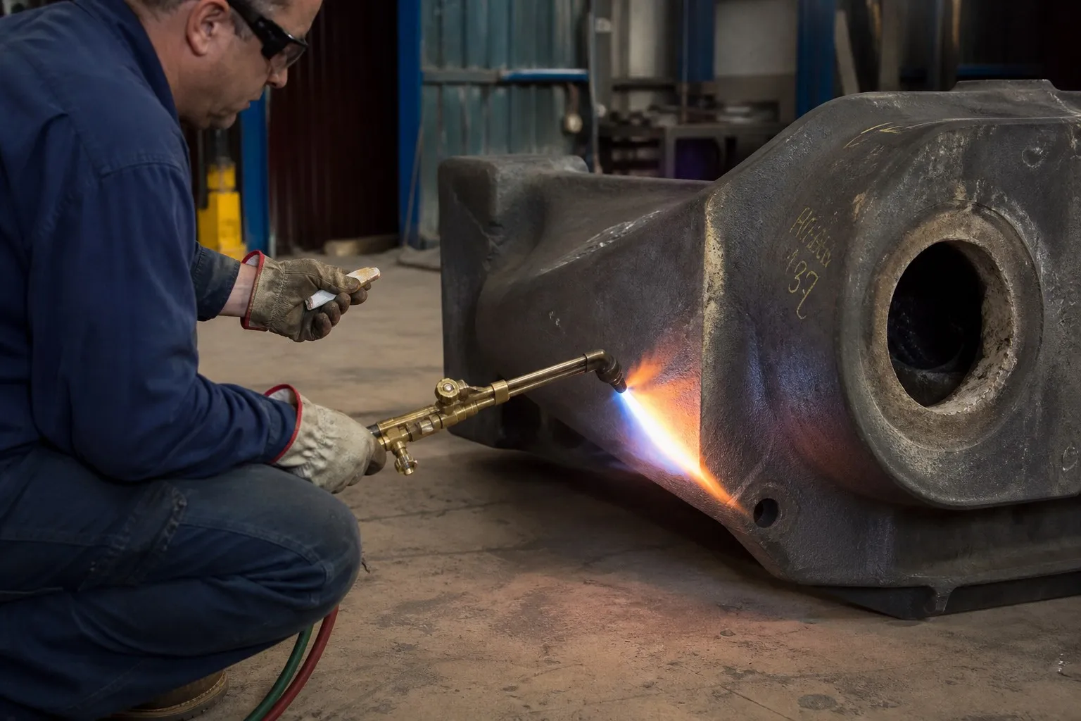 Worker using heating torch to preheat large steel casting before welding