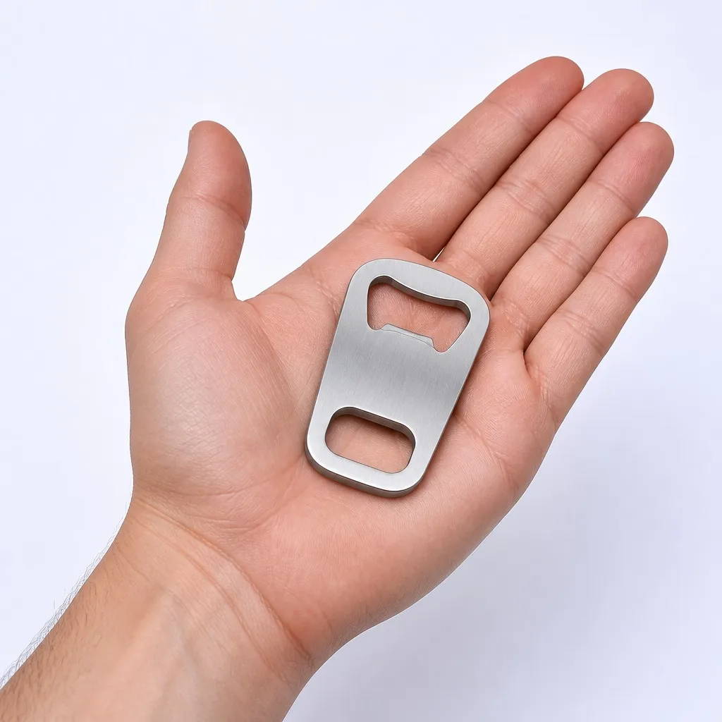 Bottle opener on open palm showing compact pocket size