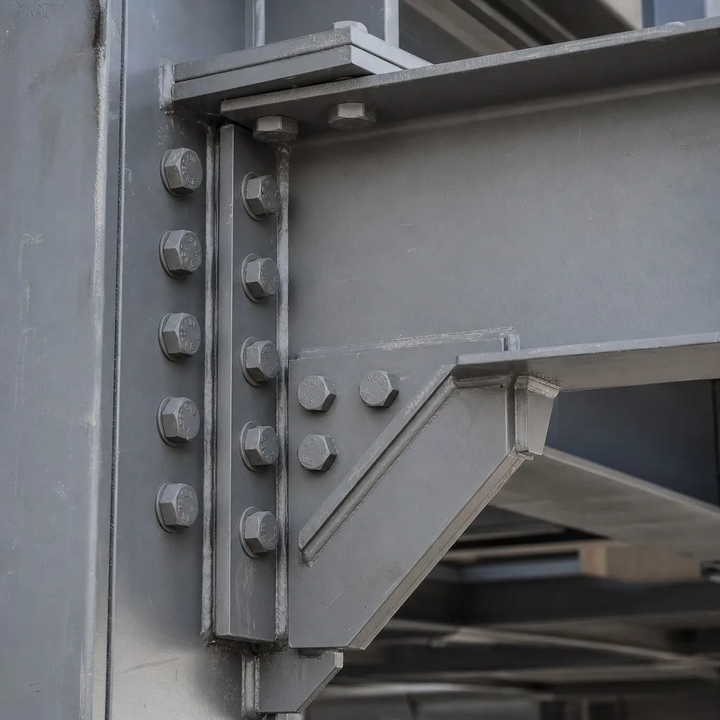 Close-up of a high-strength bolted moment connection for heavy industrial loads