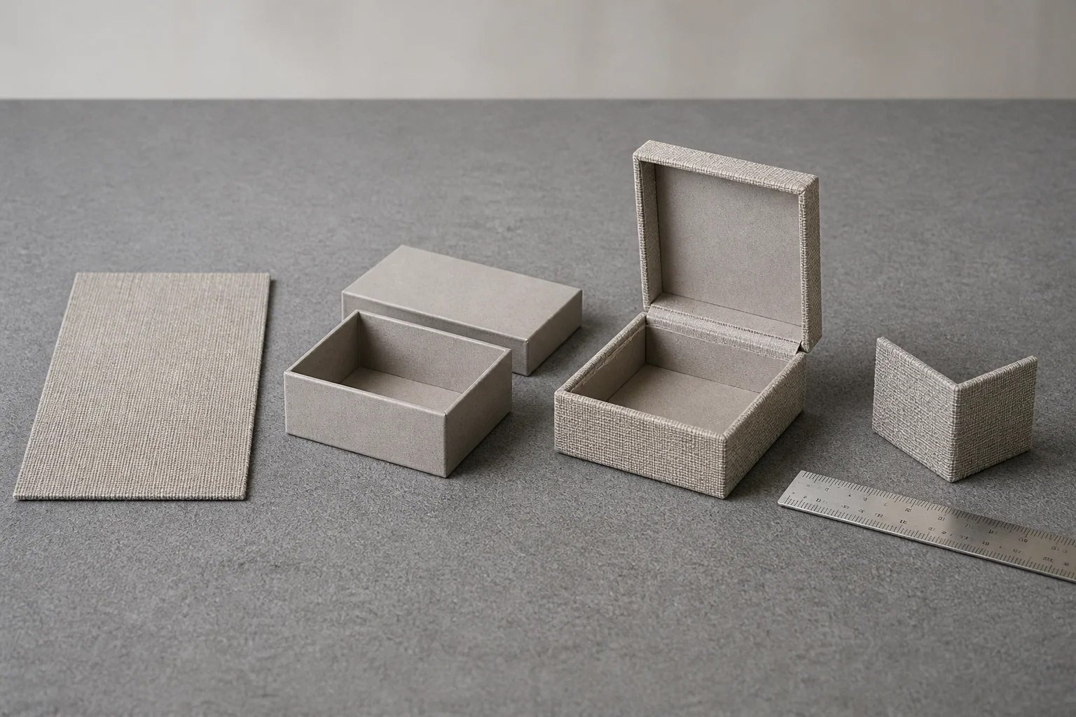 Fabric-covered jewelry box construction stages on a grey workbench: a flat pre-cut woven covering panel with visible weave and trimmed edge, a bare rigid board shell with its lid, an open jewelry box fully covered in the same woven fabric, a fabric-wrapped corner sample, and a steel ruler for scale