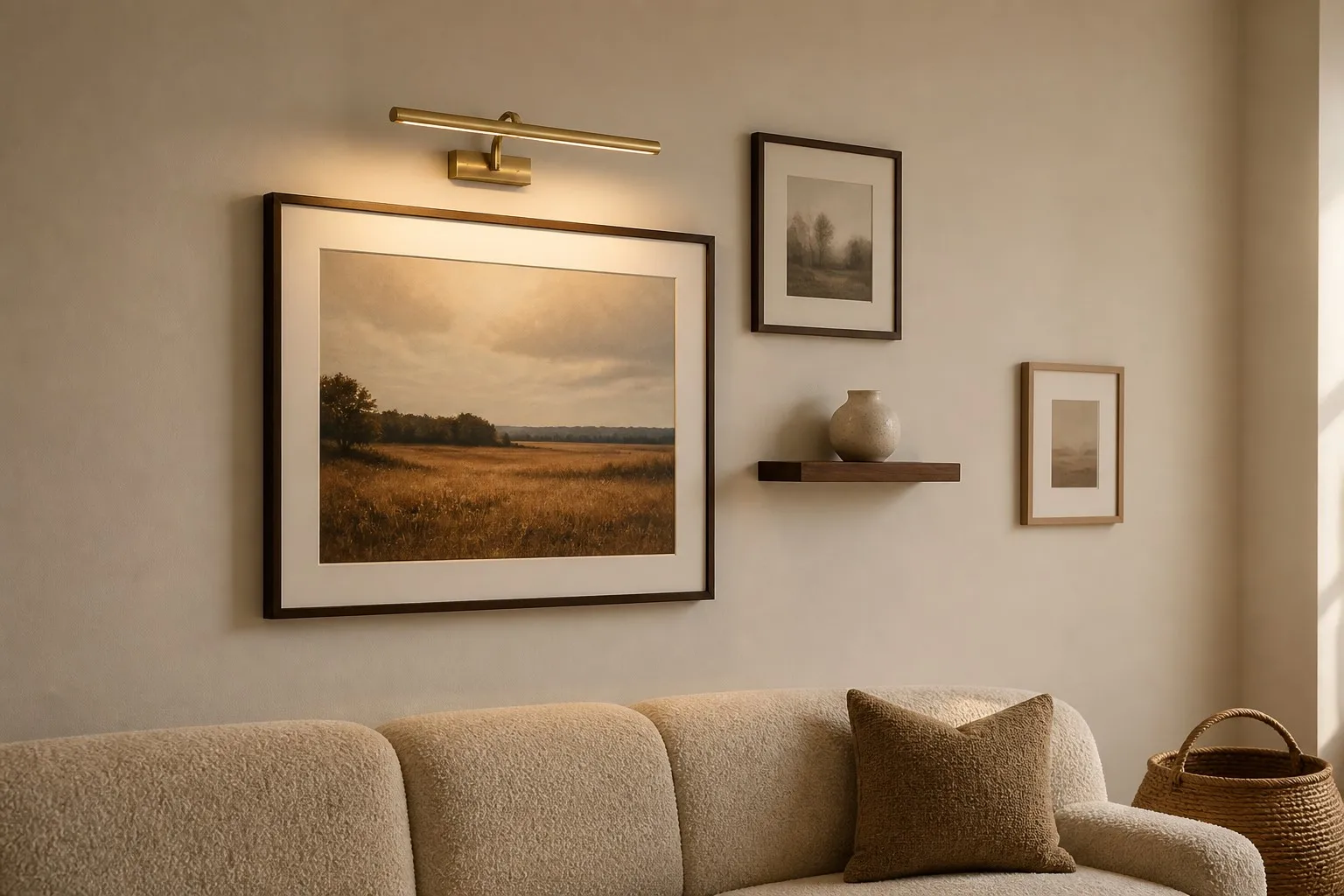 Seediq picture light above an asymmetric gallery wall over a cream boucle sofa