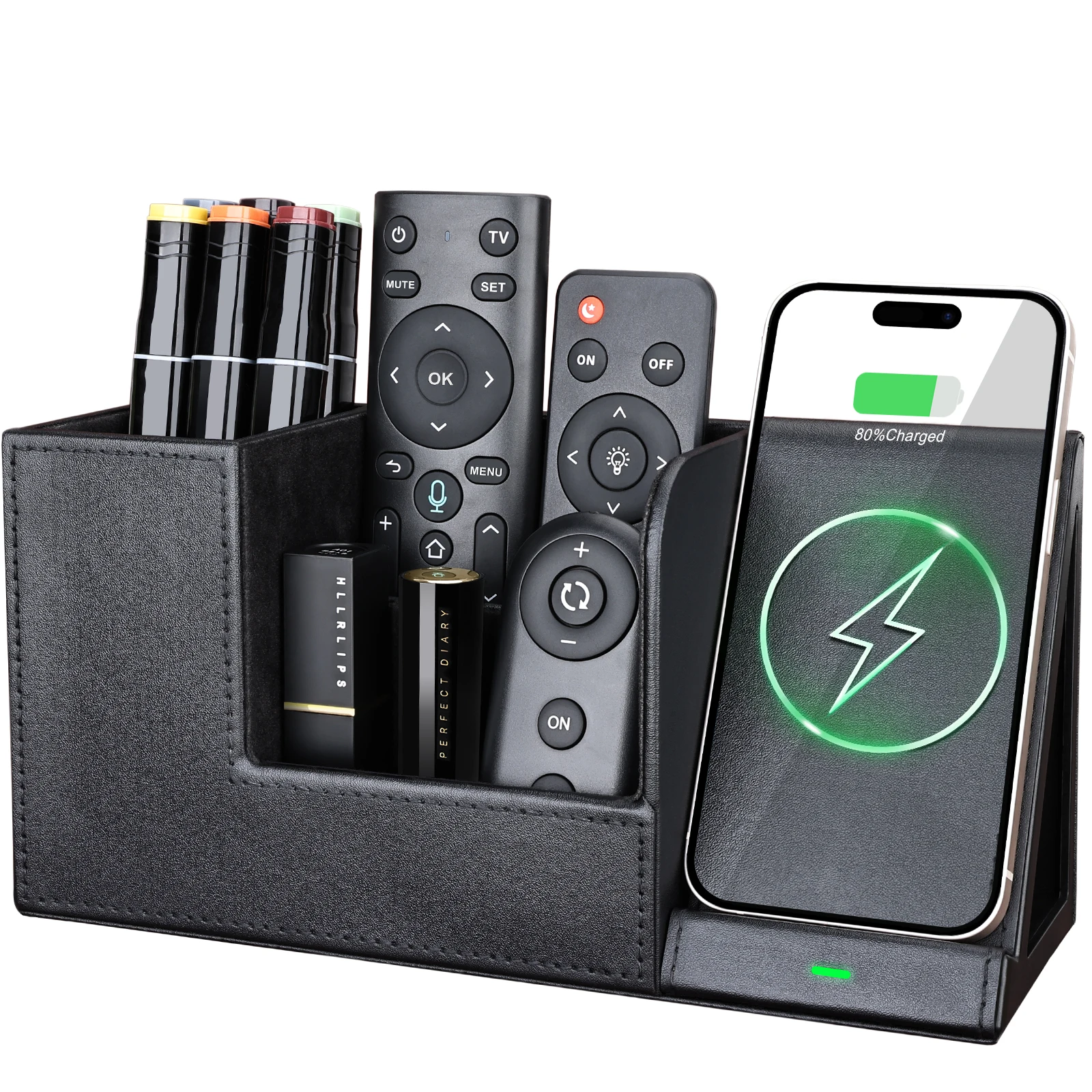 Office Leather Desk Organizer Mobile Phone Fast Wireless Charging Stand 2 in 1 Small Wireless Charger Station With Pen Holder