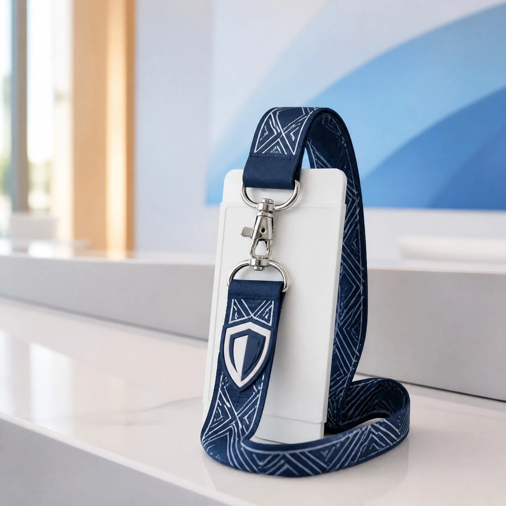 3D logo lanyard with ID badge holder at a conference registration desk