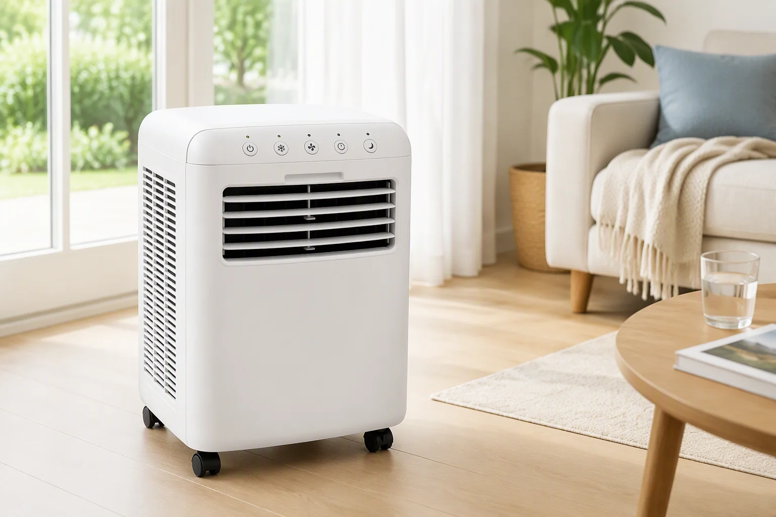 Compact portable air conditioner standing by a bright living-room window