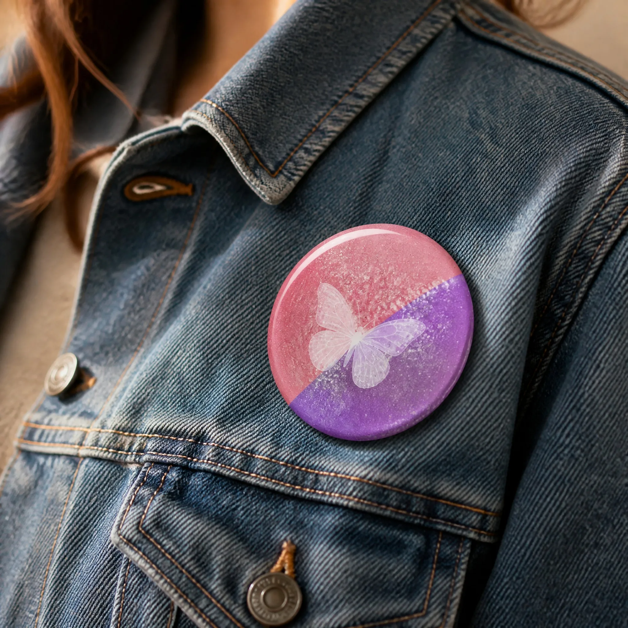 Glitter pin back button badge worn on denim jacket