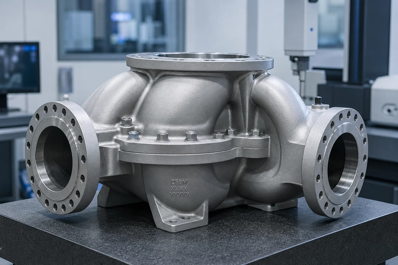 Duplex stainless steel pump casing casting with complex double volute on inspection bench