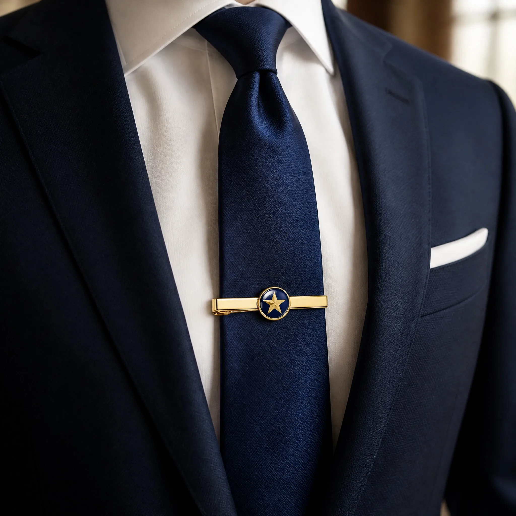 Epoxy domed tie clip worn on royal blue silk tie