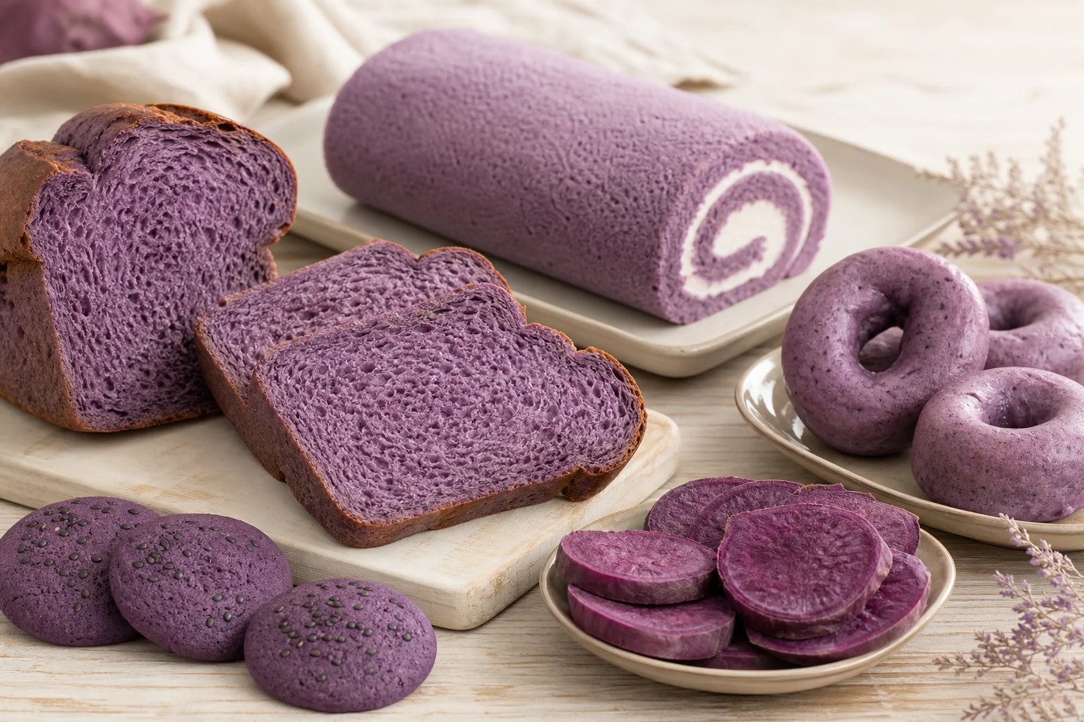 Purple sweet potato bread cake roll and doughnut applications