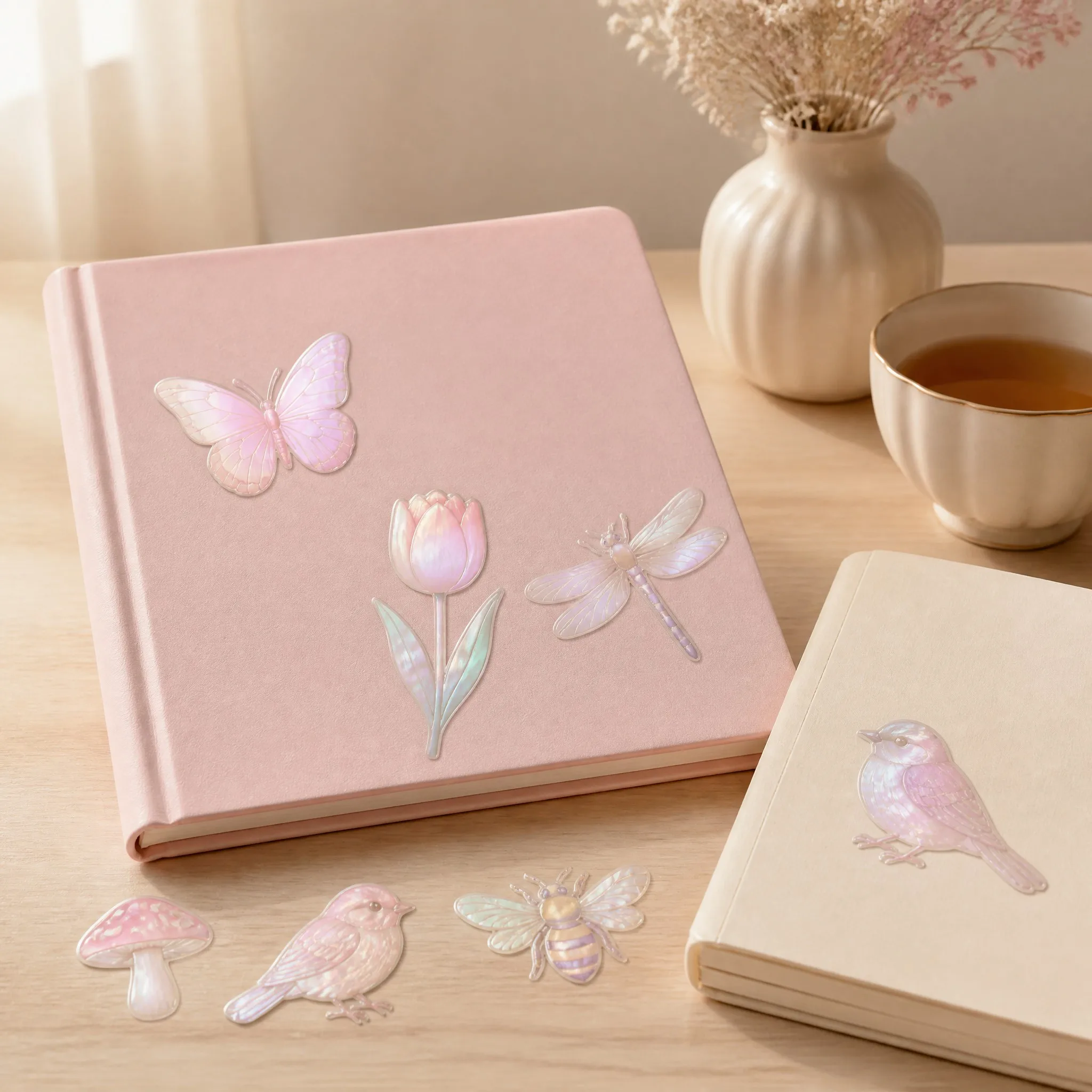 Pearlescent stickers on a blush pink journal and cream notebook in a cottagecore desk scene
