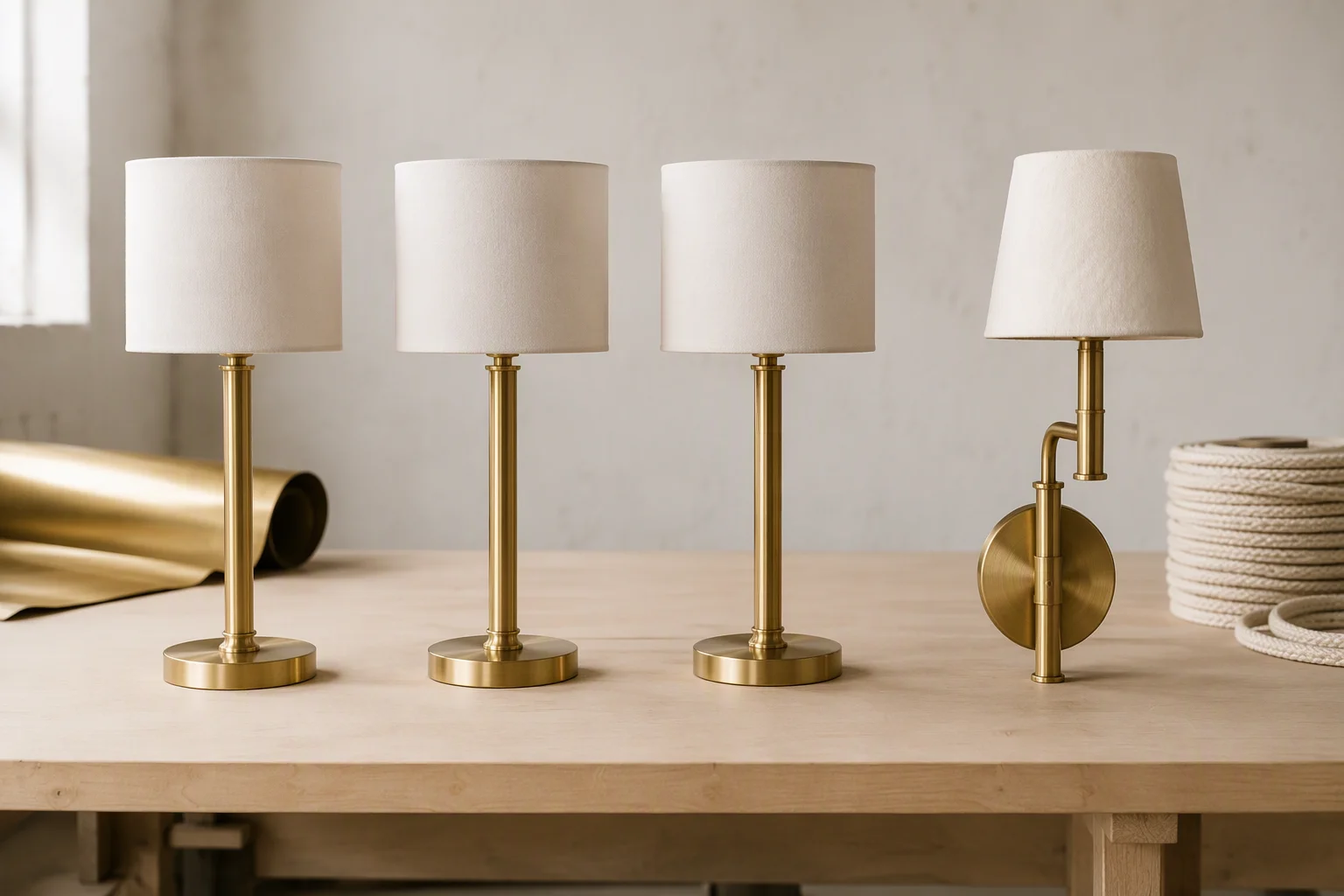 Three identical brass hotel table lamps with off-white shades beside one bespoke brass wall sconce on a workshop bench
