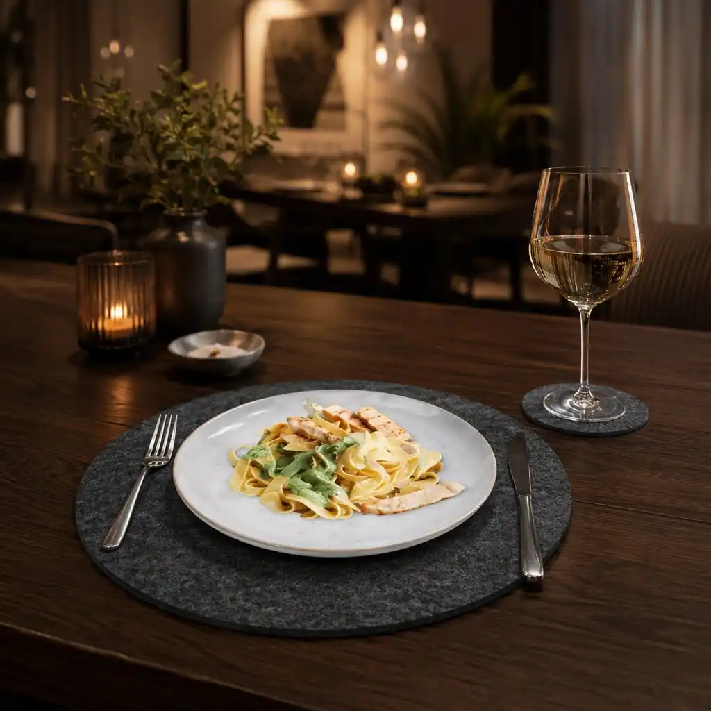 Dark round felt placemat set on a dinner table with a glass of white wine and a pasta dinner