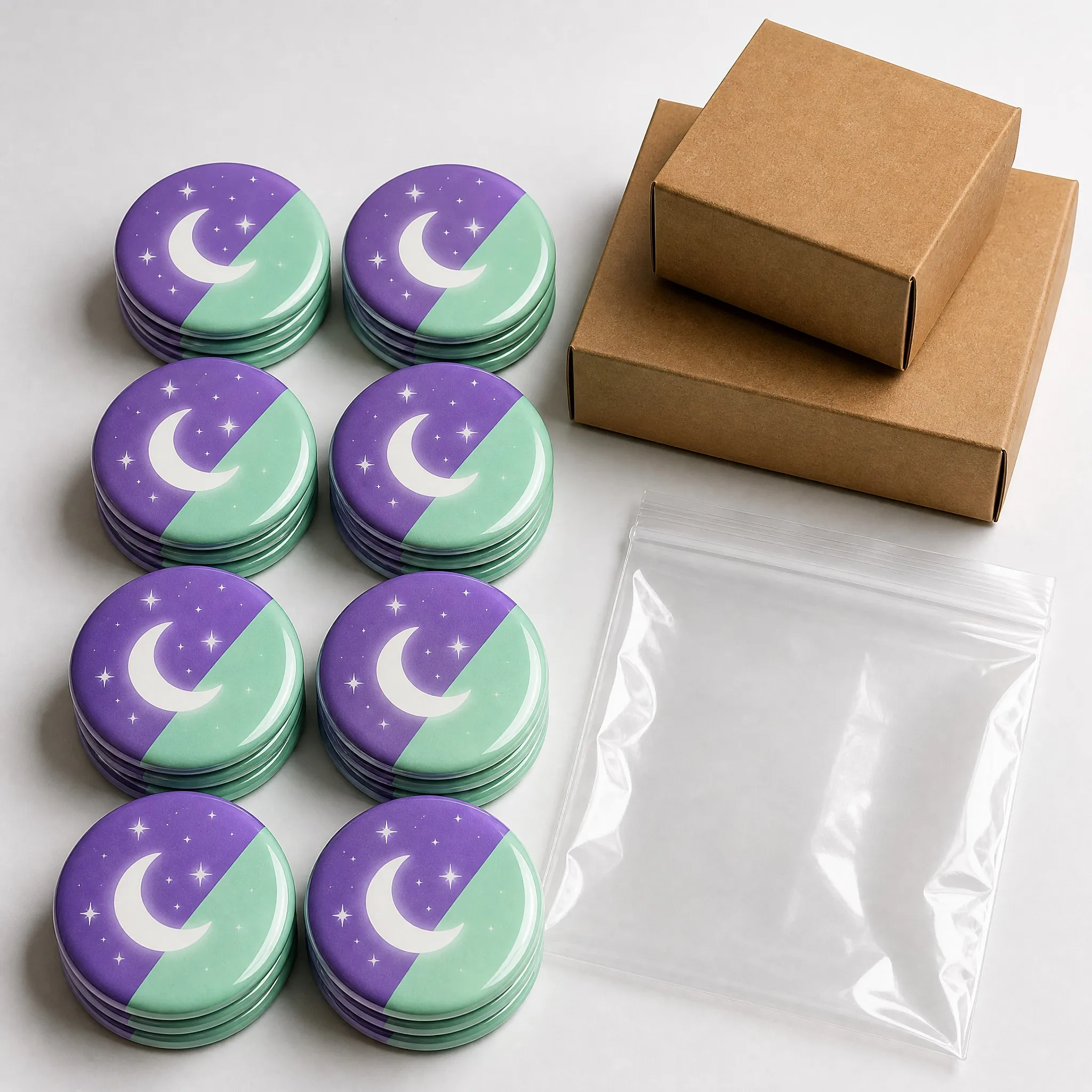 Bulk packaging of glow in the dark magnetic button badges