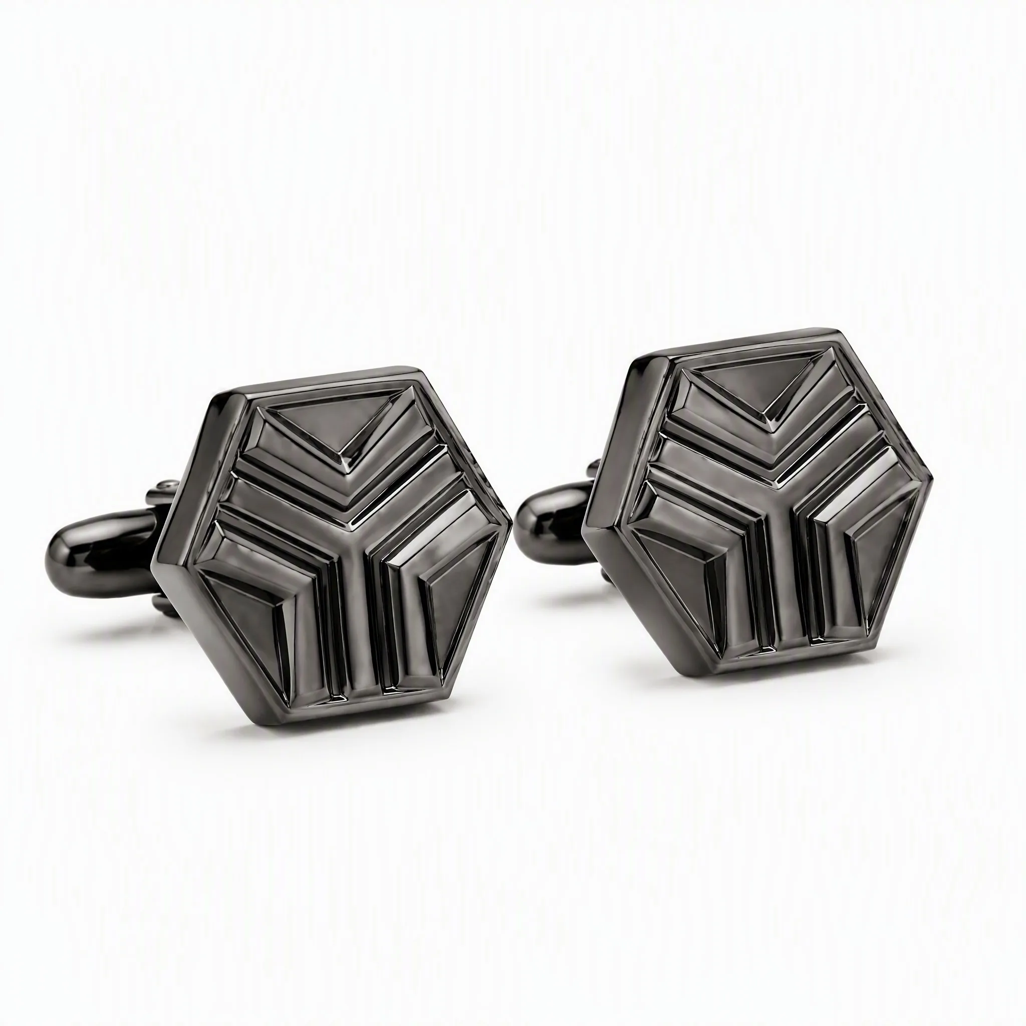 Hexagonal embossed cufflinks 45 degree angle view