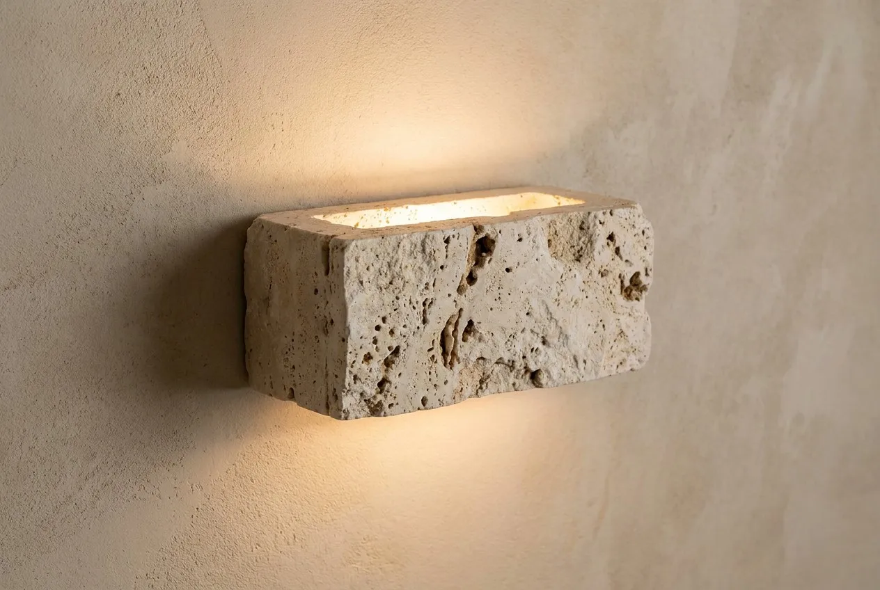 Close-up of the Marlin Travertine Wall Lamp showing the organic pores of natural stone