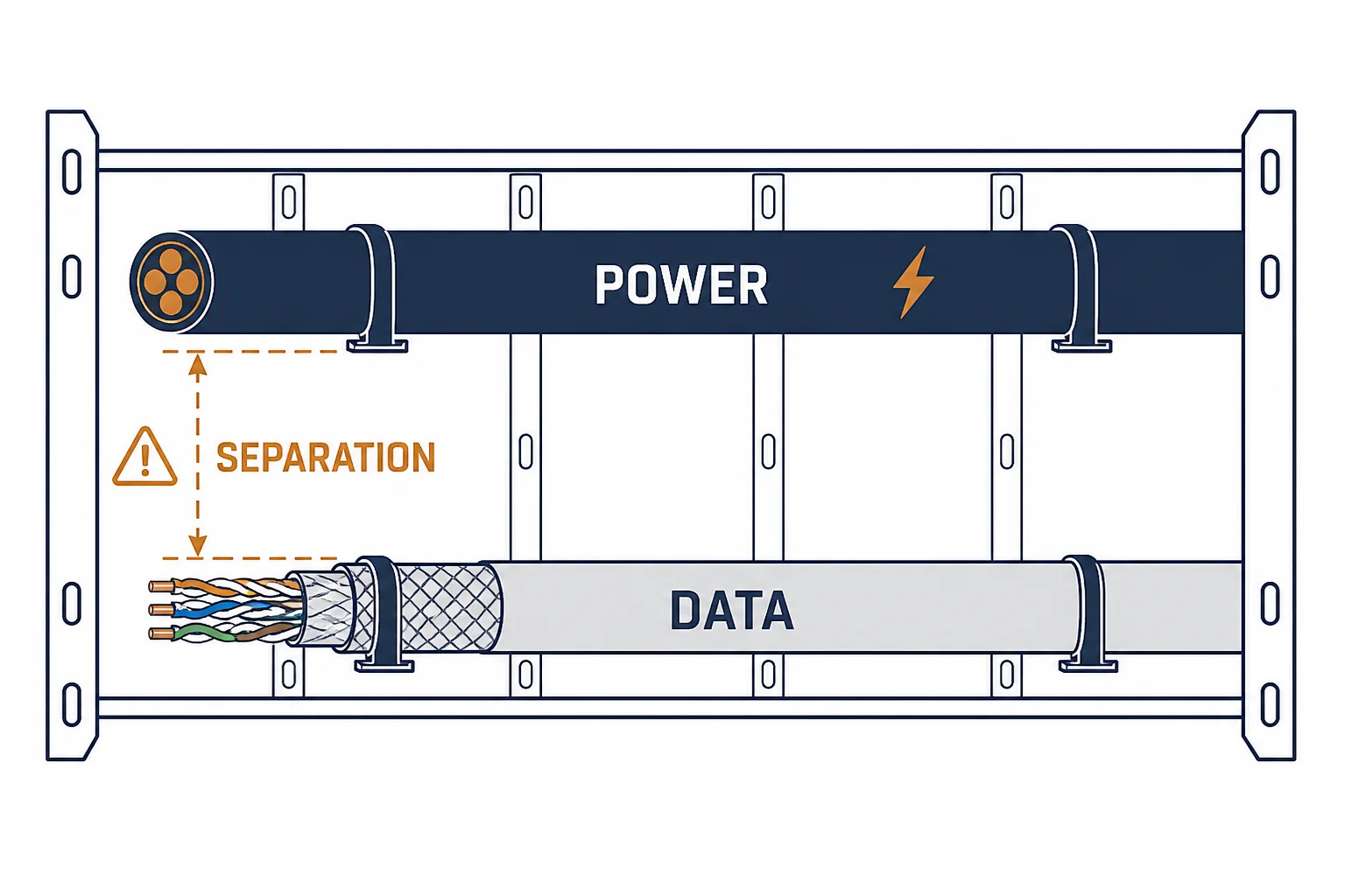 Plan view of power and data cable runs with a separation dimension between them