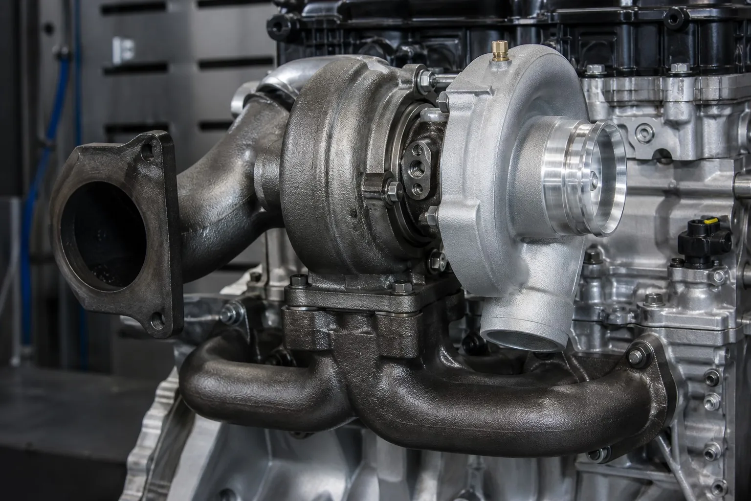 Turbocharger mounted on exhaust manifold assembly showing integration