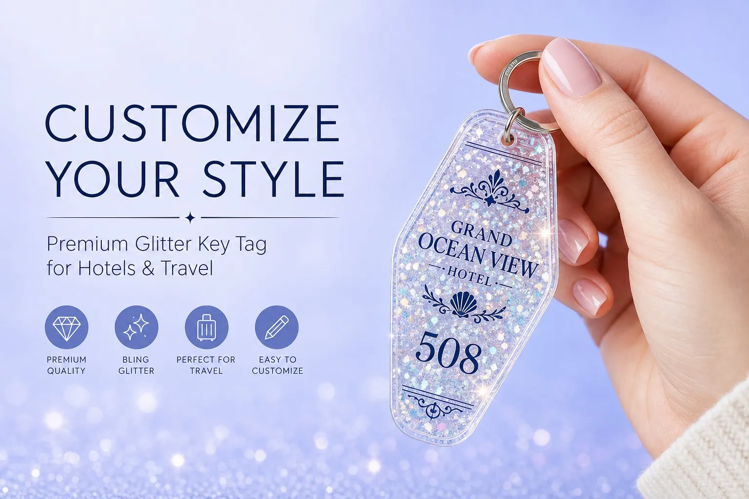 Customize your glitter hotel key tag style