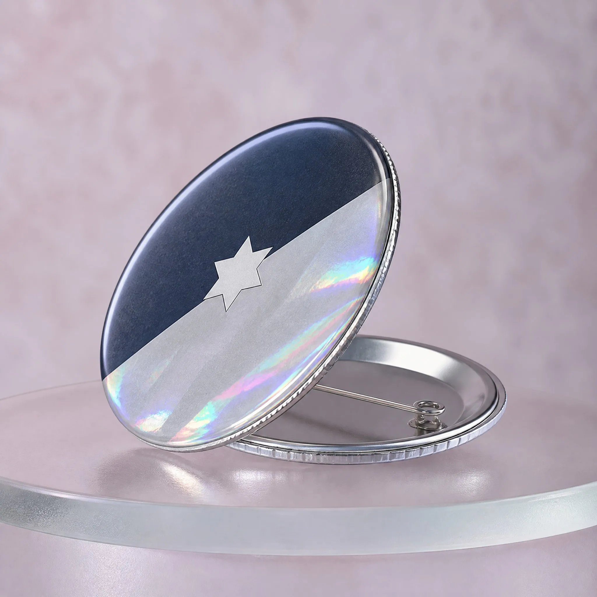 Side view holographic pin back button badge profile