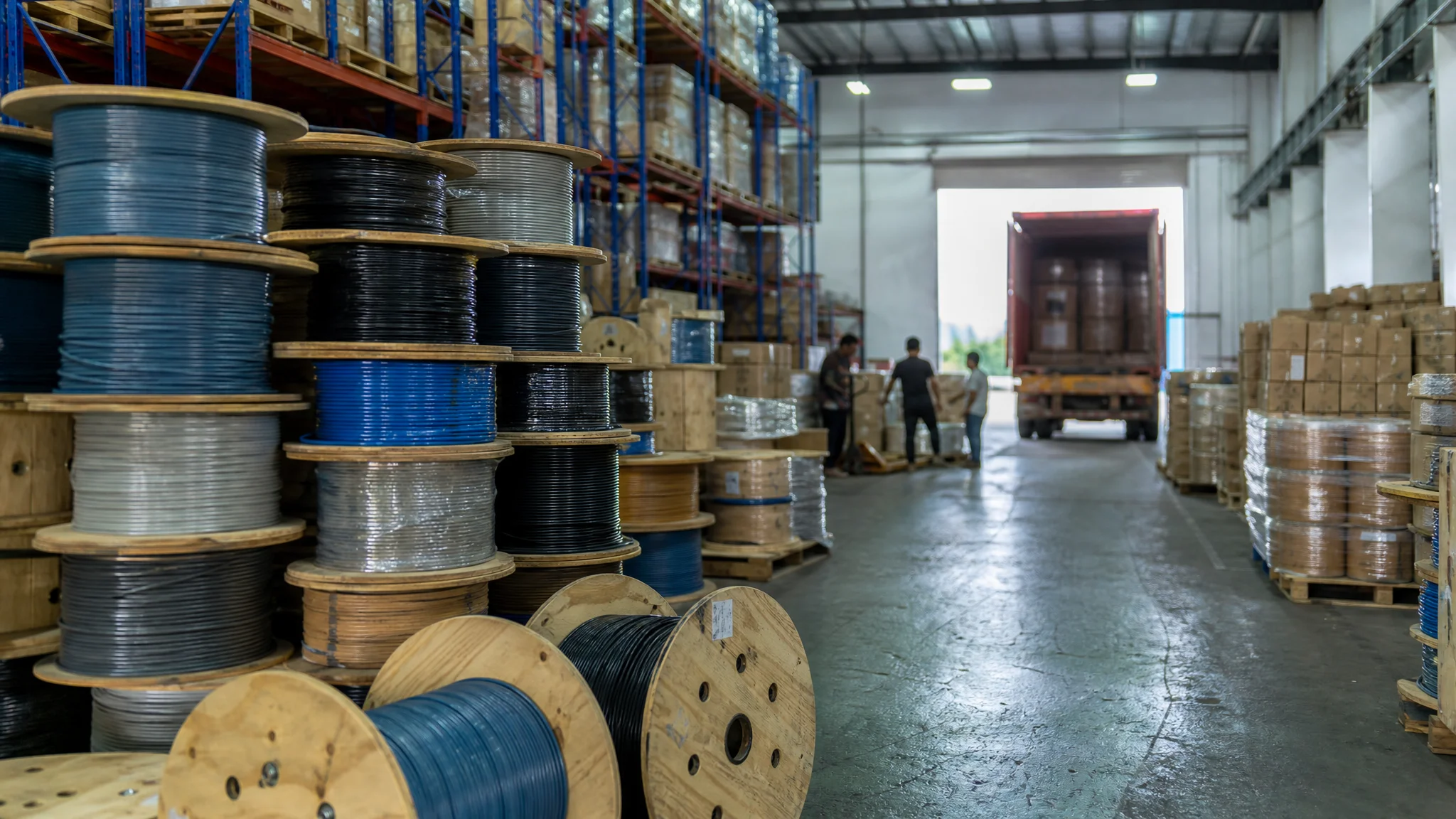 Cable wholesale warehouse in China with stacked reels, cartons and a loading bay