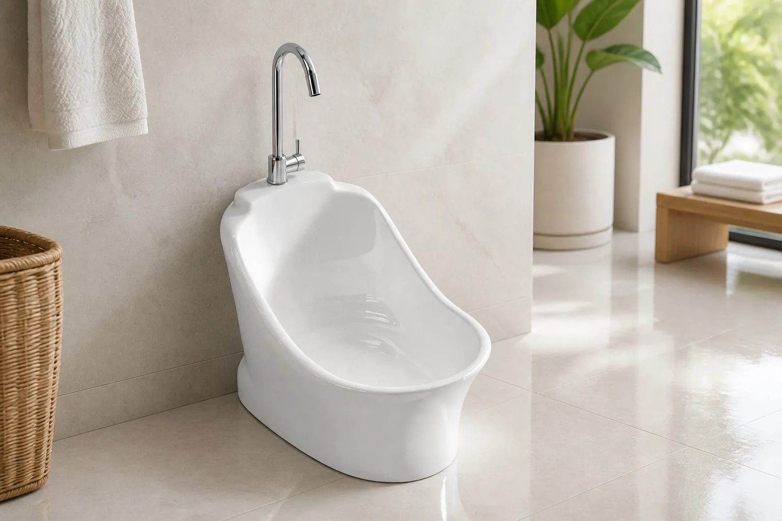 info-1-1 White ceramic wudu basin with water droplets on its glazed surface