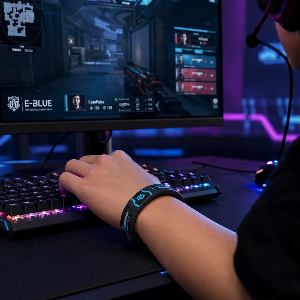 Pro gamer wrist wearing cyber silicone wristband at mechanical keyboard setup