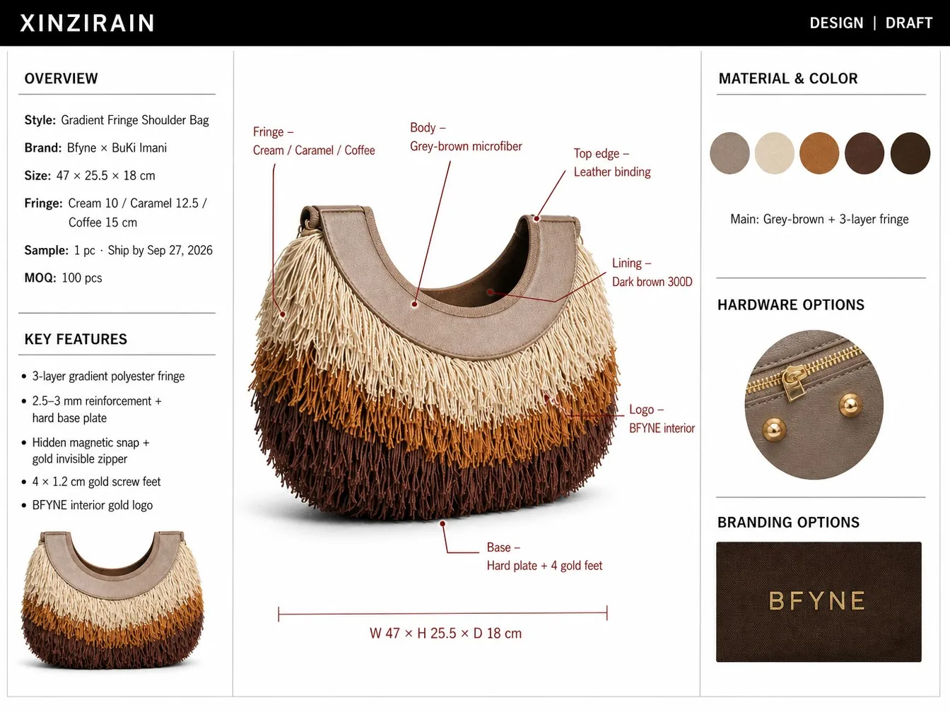 XINZIRAIN tech pack - Bfyne x BuKi Imani gradient tassel bag: 47 x 25.5 x 18 cm, three-tier tassels, hardware and branding plan